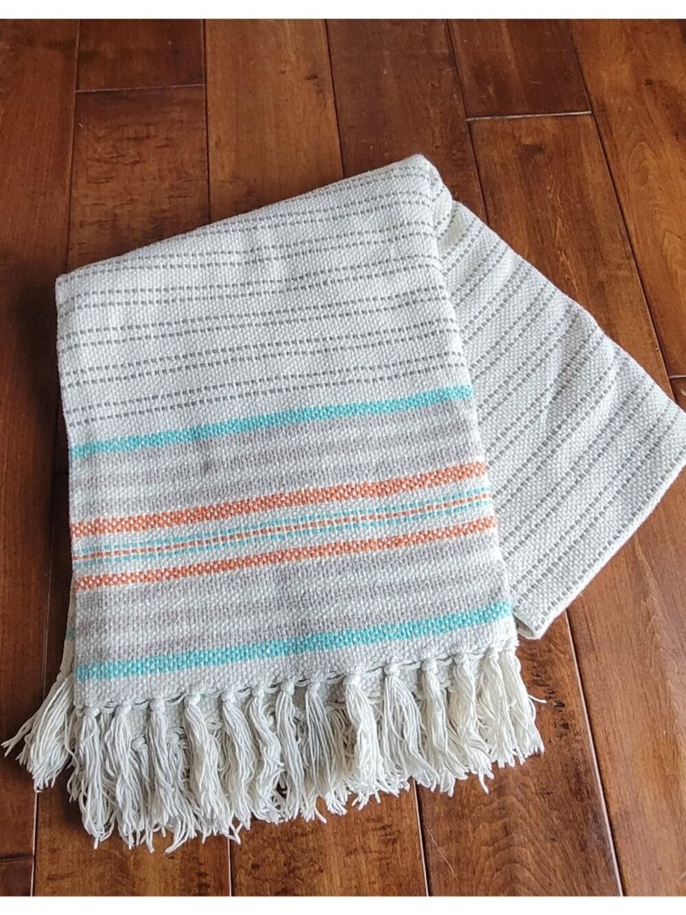 Max Studio Home Woven Throw Blanket Fringed Striped Cream Coral Aqua Boho 60x45